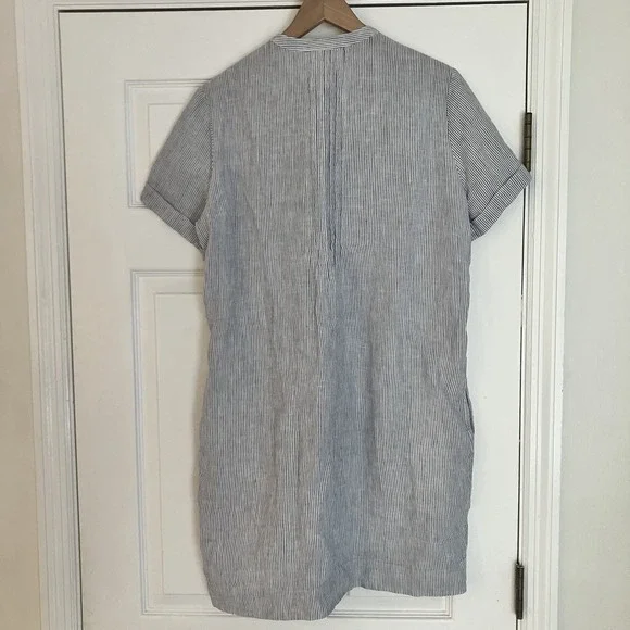 Quince Blue Pinstripe Swing Dress 100% European Linen With Pockets Button Medium - Picture 7 of 11